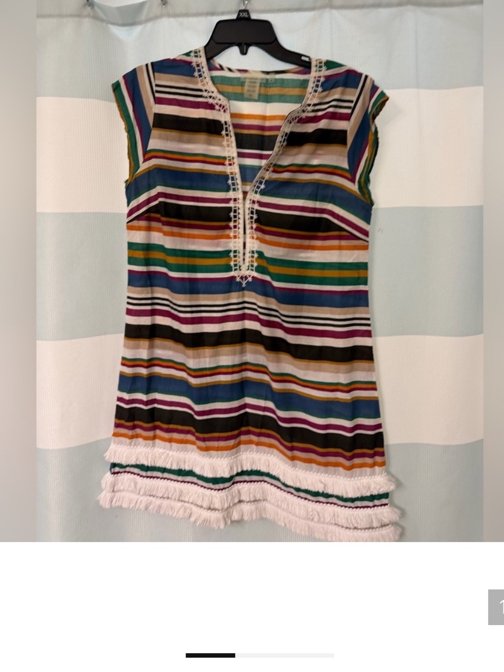 Bleu Rod Beattie Women’s Striped Fringe Caftan Swim Cover-Up- Cap Sleeve Tunic
